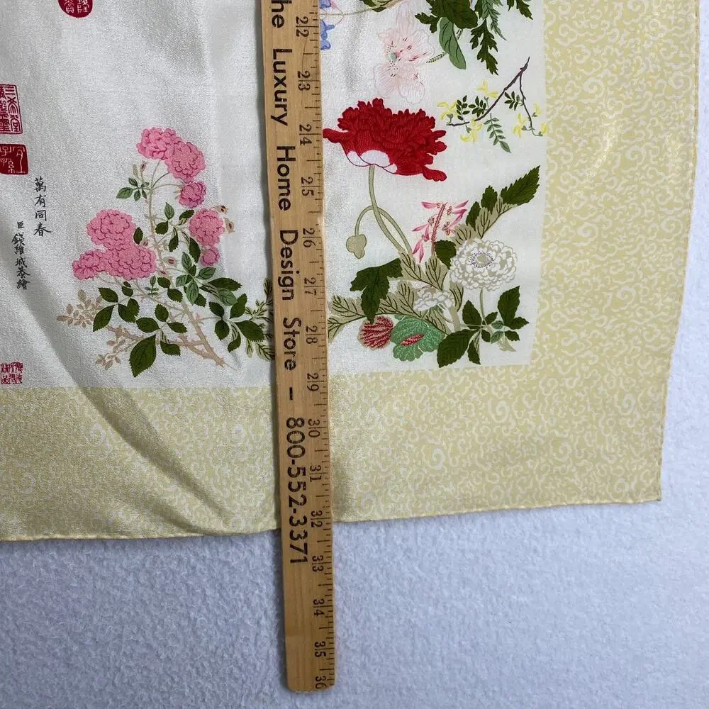 MUSEUM OF FINE ART Scarf 100% Silk Hand Rolled Floral Square Yellow VTG 32x32